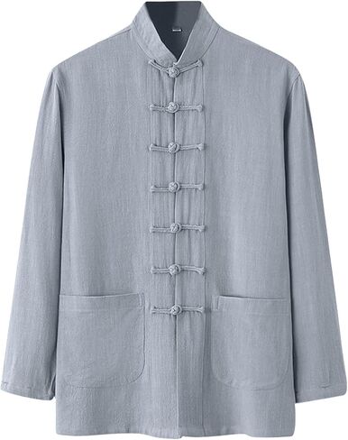 Chinese Tang Suit for Men Mandarin Collar Jacket Frog-Button Long Sleeve Kung Fu Clothing Tops Linen Cotton Shirt in Saudi Arabia
