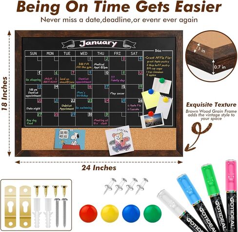 Gotideal Chalkboard Calendar 24" x 18" Chalk Board Calendar for Wall Magnetic Chalkboard Framed,Wall Mounted,Blackboard for Office,Kitchen,School,Home in Kuwait