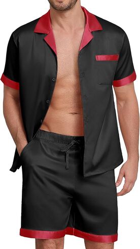 Vssjavun Mens Satin Silk Pajamas Sets Short Sleeve Sleepwear 2 Piece Button Down PJs Set Summer Loungwear with Pockets in Saudi Arabia