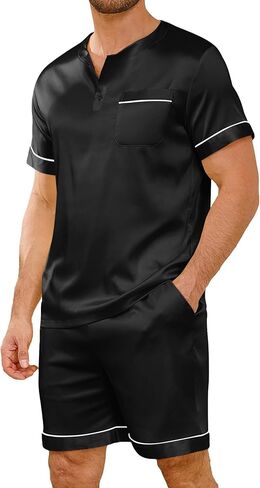 Vssjavun Mens Satin Silk Pajamas Sets Two Piece Short Sleeve Button Up Sleepwear Henley Neck Loungewear with Pocket in Saudi Arabia