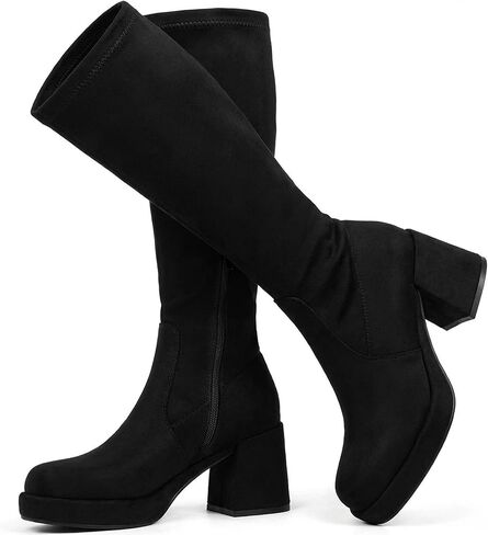 LanreyTaley Elastic Women Knee High Boots Platform Chunky Heel Tall Boots Suede Dress Boots Side Zipper Stretch Boots Fall in Saudi Arabia