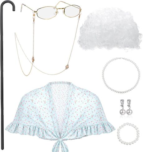 Tatuo 7pcs Old Lady Costume Granny Wig Shawl Cane Frame Glasses with Chain Pearl Necklace Bracelet Earrings in Kuwait