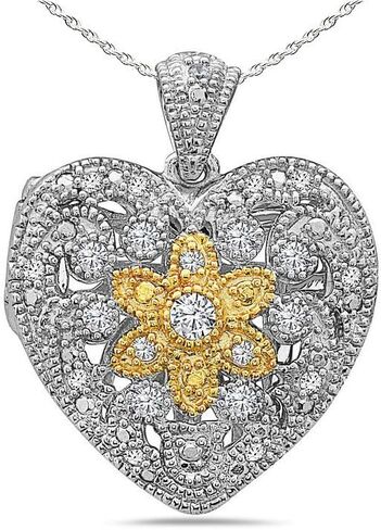 PicturesOnGold.com Sterling Silver Two Tone Cubic Zirconia Heart Photo Locket - 3/4 x 3/4 Inch in Saudi Arabia