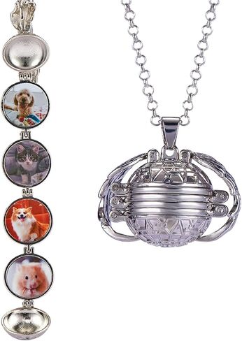 Ornaland Round Expanding Photo Locket Pendant Necklace for Women Men with Angel Wings, 4 Photo Locket Alloy Neck Decoration for Mother's, Platinum, 24.41 inch(62cm) in Saudi Arabia