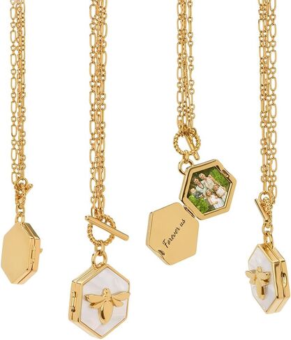 Theo Grace - Bee Loved Locket Necklace – Personalized Photo & Engraving - Silver Blue Enamel or Gold Mother of Pearl - Adjustable Chain – Nicky Hilton Collection in Saudi Arabia