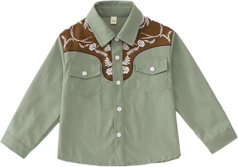 Ritatte Toddler Boys Girls Western Cowboy Shirts Retro Long Sleeve Button Down Shirt Kids Floral Pockets Outfit Country Tops in Kuwait