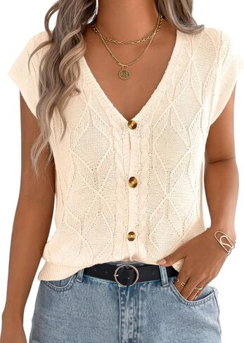 Women Cap Sleeve V Neck Sweater Vest Top, Cable Knit Button Down Cardigan Sweaters, Lightweight Trendy Casual Outfits in Saudi Arabia
