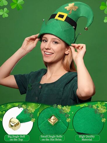 Cuffbow 12 Pcs St Patrick's Day Leprechaun Hat Funny Green Hats with Bells Irish Party Accessories Shamrocks Headdress for Adults in Saudi Arabia
