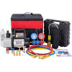 OLIXIS 110V 1/3 HP 4CFM Single Stage Vacuum Pump Kit with R134a Manifold Gauge Set, Leak Detector, 1/4" Hoses & Carry Bag for HVAC AC Refrigeration, ETL Listed (Blue) in Kuwait