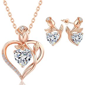 Rose Heart Necklace and Earrings Set Moissanite/Lab-Grown Sapphire/Ruby Options S925 Sterling Silver 18K White Gold Plated Engraved "I LOVE YOU" Perfect Engagement Gift for Girlfriend Wife(Necklace 1.2CT / Earrings 0.8CT) in Kuwait