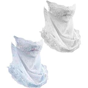 2Pcs Lace Sun Protective Face Cover Women Mesh UV Sun Protection Mask Lightweight Breathable Face Bandana Scarf Neck Gaiter for Summer Outdoor Activities Cycling Running Driving in Kuwait