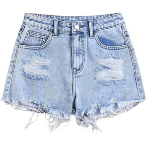 Girls Ripped Jeans Shorts High Waist Raw Hem Straight Leg Denim Shorts 13Y-16Y in Kuwait
