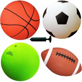 AppleRound Pack of 4 Sports Balls with 1 Pump: 1 Each of 5" Soccer Ball, 5" Basketball, 5" Playground Ball, and 6.5" Football (4 Balls and 1 Pump) in Kuwait