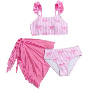 BEAUDRM Girl's 3 Piece Striped Swimsuits Bow Print Scoop Neck Cute Bathing Suits with for Beach Cover Up Skirt for 8-12 Years in Saudi Arabia