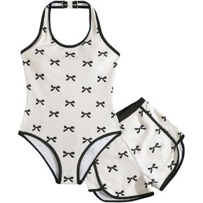 بدلة سباحة للفتيات من قطعة واحدة من SHENHE مع شورت مغطى بطباعة فيونكة ورسن ملابس سباحة in Kuwait