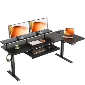 مكتب كهربائي قائم على شكل حرف L مقاس 55 بوصة من OffiGo مع صينية لوحة المفاتيح، مكتب كمبيوتر زاوية قابل للتعديل بارتفاع قابل للعكس مع حامل شاشة، طاولة رفع للجلوس للمنزل والمكتب وألياف الكربون باللون الأسود in Kuwait