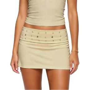 Women Studs Fold Over Micro Skirt Low Waist Punk Bodycon Mini Skirts Trendy Skinny Night Out Party Skirt in Saudi Arabia