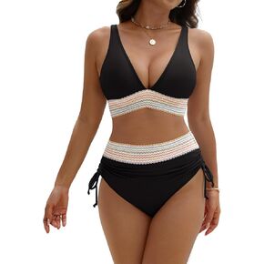 Women High Waisted Bikini Sets Tummy Control Swimsuits Color Block Two Piece Drawstring Bathing Suit Black L in Kuwait