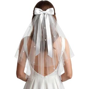 Bride Veil, 22.4 Inch Short White Bachelorette Veil With Bow & Pearls - Elegant Tulle Comb Hold, Bridal Bridesmaid Gift for Women and Girls in Saudi Arabia