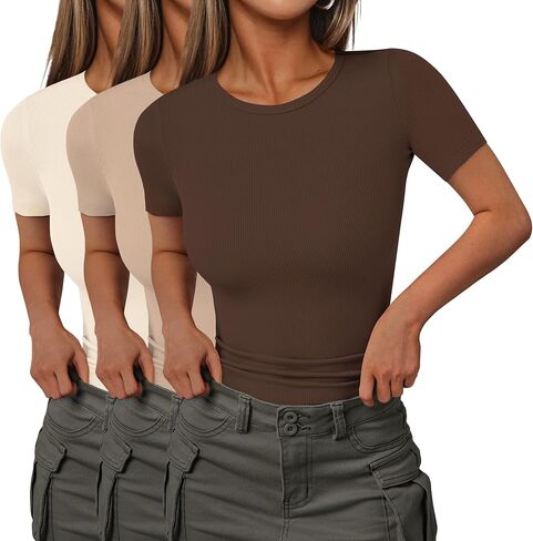 Ekouaer قمصان نسائية قصيرة الأكمام خفيفة الوزن أساسية ملابس مضلعة متماسكة تي شيرت برقبة دائرية تي شيرت بلوزة للعمل in Kuwait