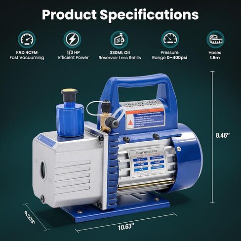 مجموعة مضخة تفريغ الهواء أحادية المرحلة OLIXIS 110V 1/3 HP 4CFM مع مجموعة قياس متعددة R134a وكاشف تسرب وخراطيم 1/4 بوصة وحقيبة حمل لتبريد HVAC AC، مدرج ETL (أزرق) in Saudi Arabia