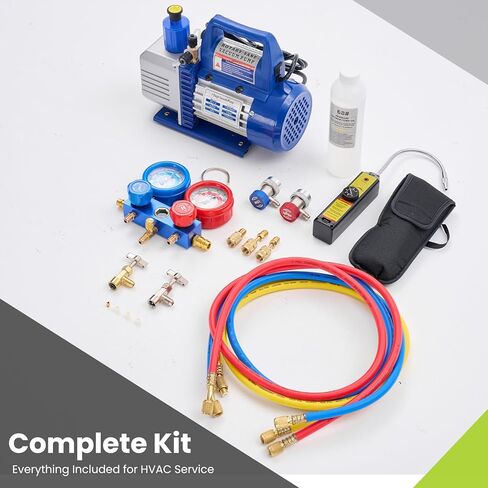 مجموعة مضخة تفريغ الهواء أحادية المرحلة OLIXIS 110V 1/3 HP 4CFM مع مجموعة قياس متعددة R134a وكاشف تسرب وخراطيم 1/4 بوصة وحقيبة حمل لتبريد HVAC AC، مدرج ETL (أزرق) in Saudi Arabia