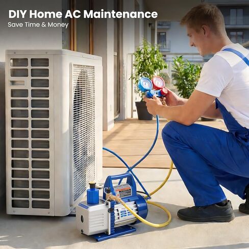 مجموعة مضخة تفريغ الهواء أحادية المرحلة OLIXIS 110V 1/3 HP 4CFM مع مجموعة قياس متعددة R134a وكاشف تسرب وخراطيم 1/4 بوصة وحقيبة حمل لتبريد HVAC AC، مدرج ETL (أزرق) in Saudi Arabia