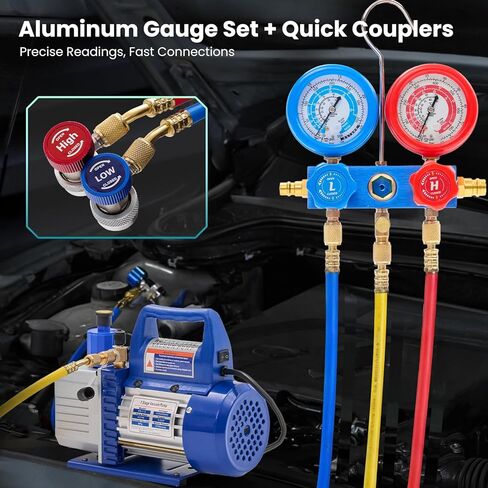 مجموعة مضخة تفريغ الهواء أحادية المرحلة OLIXIS 110V 1/3 HP 4CFM مع مجموعة قياس متعددة R134a وكاشف تسرب وخراطيم 1/4 بوصة وحقيبة حمل لتبريد HVAC AC، مدرج ETL (أزرق) in Saudi Arabia