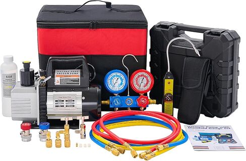 مجموعة مضخة تفريغ الهواء أحادية المرحلة OLIXIS 110V 1/3 HP 4CFM مع مجموعة قياس متعددة R134a وكاشف تسرب وخراطيم 1/4 بوصة وحقيبة حمل لتبريد HVAC AC، مدرج ETL (أزرق) in Kuwait