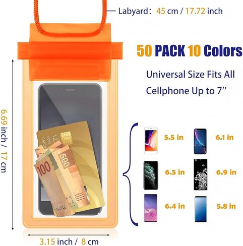 Flutesan 50 Pack Clear Waterproof Phone Pouch Universal Waterproof Phone Case Waterproof Pouch Dry Bag with Lanyard for Water Games Protect in Saudi Arabia