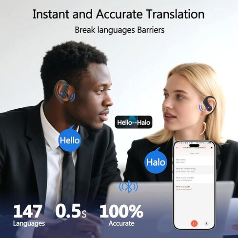 AI ترجمة سماعات الأذن في الوقت الحقيقي 147 لغة 48H Playtime Translator Ear Buds Audiofonos Traductores Inglés Español سماعات لاسلكية سماعات بلوتوث للسفر اجتماع العمل التعلم الأسود in Kuwait
