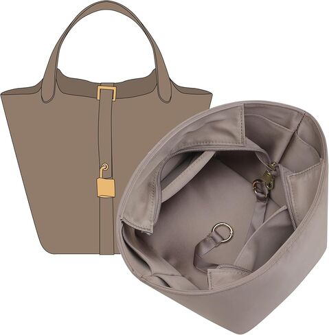 Picotin 18 Luxury Satin Purse Organizer Insert, Silky Smooth Picotin 18 Bag Insert with Multiple Pockets, Soft Touch Inner Liner for Women's Handbags, Fits Hermes Style Picotin Bags(PC18, Etoupe Grey) in Kuwait