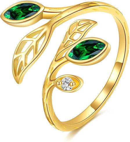 KECHO 14K الذهب خاتم على شكل ورقة شجر الزمرد قابل للتعديل حلقة مفتوحة الأخضر الأحجار الكريمة ملعقة حلقة خواتم الإبهام خمر للنساء in Saudi Arabia