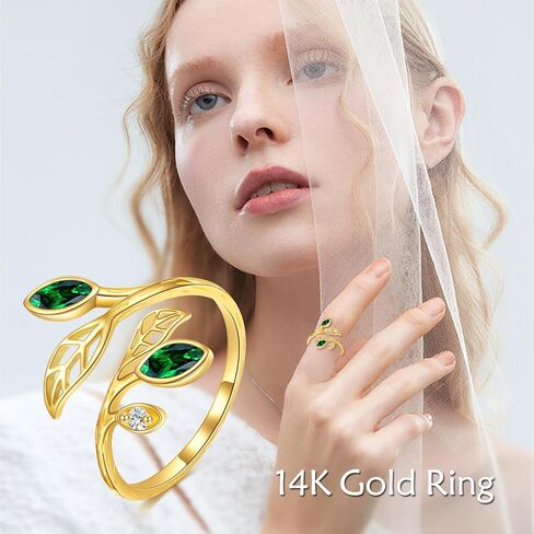 KECHO 14K الذهب خاتم على شكل ورقة شجر الزمرد قابل للتعديل حلقة مفتوحة الأخضر الأحجار الكريمة ملعقة حلقة خواتم الإبهام خمر للنساء in Saudi Arabia