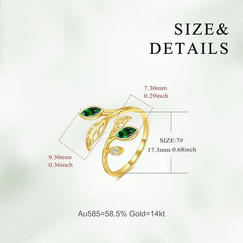 KECHO 14K الذهب خاتم على شكل ورقة شجر الزمرد قابل للتعديل حلقة مفتوحة الأخضر الأحجار الكريمة ملعقة حلقة خواتم الإبهام خمر للنساء in Saudi Arabia
