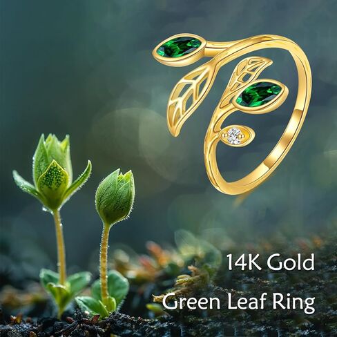 KECHO 14K الذهب خاتم على شكل ورقة شجر الزمرد قابل للتعديل حلقة مفتوحة الأخضر الأحجار الكريمة ملعقة حلقة خواتم الإبهام خمر للنساء in Saudi Arabia