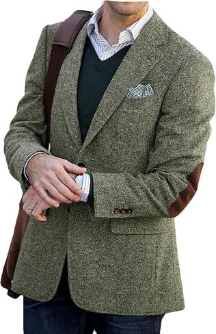 VENNYNG Men's Tweed Blazer Suit Jacket with Elbow Patches Autumn Blazer Male Short Vintage Trench Coat in Saudi Arabia