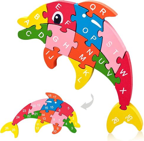 LOVESTOWN Alphabet Jigsaw Puzzle, Building Blocks Animal Wooden Puzzle, Wooden Snake Letters Numbers Block Toys for Kids Birthday Gifts in Kuwait