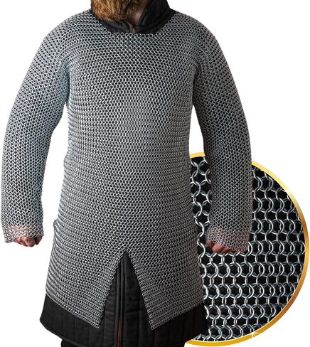 قميص بسلسلة بريدية مقاس 9 مم 16 من الفولاذ الطري | Chainmail Haubergeon بأكمام كاملة Hauberk Great SCA LARP in Kuwait