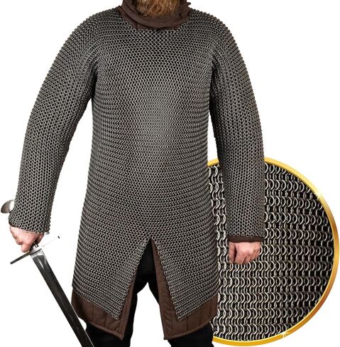 قميص بسلسلة بريدية مقاس 9 مم 16 من الفولاذ الطري | Chainmail Haubergeon بأكمام كاملة Hauberk Great SCA LARP in Kuwait