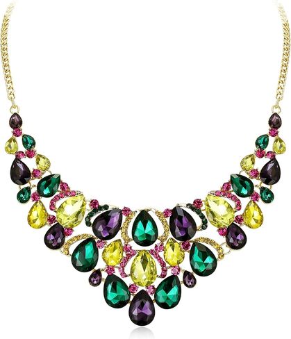 Flyonce Mardi Gras Necklace for Women, Sparkly Crystal Pear Shaped Teardrop Cluster Chunky Bib Collar Statement Carnival Necklaces for Fat Tuesday Celebrations Mardi Gras Parades Jewelry Gifts in Saudi Arabia