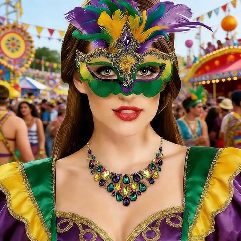 Flyonce Mardi Gras Necklace for Women, Sparkly Crystal Pear Shaped Teardrop Cluster Chunky Bib Collar Statement Carnival Necklaces for Fat Tuesday Celebrations Mardi Gras Parades Jewelry Gifts in Saudi Arabia
