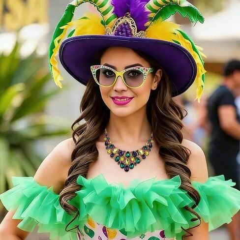 Flyonce Mardi Gras Necklace for Women, Sparkly Crystal Pear Shaped Teardrop Cluster Chunky Bib Collar Statement Carnival Necklaces for Fat Tuesday Celebrations Mardi Gras Parades Jewelry Gifts in Saudi Arabia