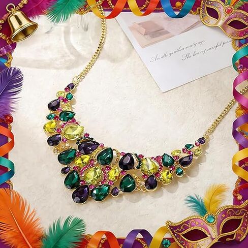 Flyonce Mardi Gras Necklace for Women, Sparkly Crystal Pear Shaped Teardrop Cluster Chunky Bib Collar Statement Carnival Necklaces for Fat Tuesday Celebrations Mardi Gras Parades Jewelry Gifts in Saudi Arabia