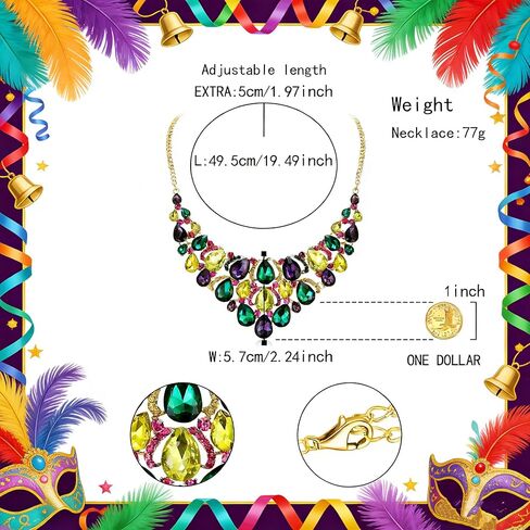 Flyonce Mardi Gras Necklace for Women, Sparkly Crystal Pear Shaped Teardrop Cluster Chunky Bib Collar Statement Carnival Necklaces for Fat Tuesday Celebrations Mardi Gras Parades Jewelry Gifts in Saudi Arabia
