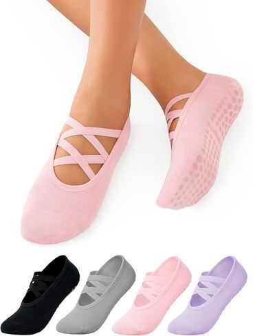 Womens 4 Pairs Pilates Socks with Grips Non Slip Grip Yoga Socks for Barre, Dance, Barefoot, Workout in Saudi Arabia