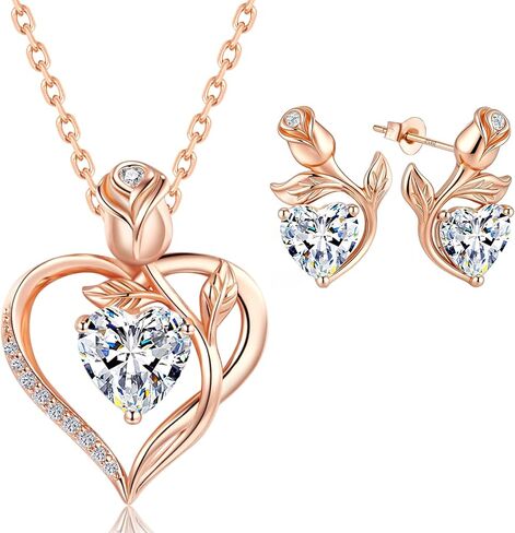 Rose Heart Necklace and Earrings Set Moissanite/Lab-Grown Sapphire/Ruby Options S925 Sterling Silver 18K White Gold Plated Engraved "I LOVE YOU" Perfect Engagement Gift for Girlfriend Wife(Necklace 1.2CT / Earrings 0.8CT) in Kuwait