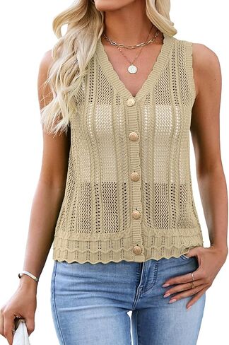 Womens Crochet V Neck Sweater Vest Hollow Out Summer Sleeveless Tops Knit Spring Cardigans Button Down Tank Top in Saudi Arabia