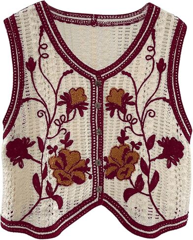 GORGLITTER Women's Embroidered Floral Crochet Vest Button Crop Summer Cowgirl Western Top Rodeo Country Concert Outfits Burgundy Floral Small in Saudi Arabia