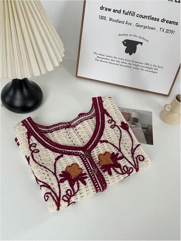 GORGLITTER Women's Embroidered Floral Crochet Vest Button Crop Summer Cowgirl Western Top Rodeo Country Concert Outfits Burgundy Floral Small in Saudi Arabia